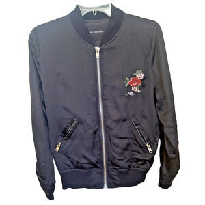 Olivaceous Women's Bomber Jacket Size Small Black Embroidered Floral Zipper